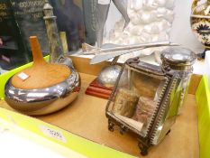 A modern Gorge Jenson bowl with wooden lid, a pewter modern Concorde and sundry