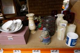 Collection of mixed items to include wickerware, pictures, LPs, barometer etc