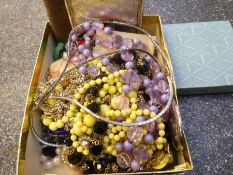 Box of mixed costume jewellery, including Cameo brooch, compacts etc