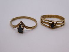 9ct yellow gold wishbone ring, set with pear shaped sapphire, size S, and a 9ct Sapphire set dress r