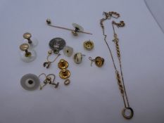 Collection of 9ct and other jewellery including chain AF, earrings, studs silver coin etc and stickp