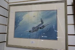 A watercolour of Gloster Meteor, by Wilf Hardy, '97, size 46 x 29cms