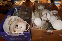 Two boxes of mixed teaware including Wedgwood teaware, ewer and basin. Wade jug, Gray pottery teawar