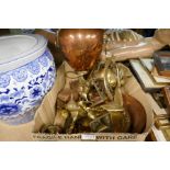 Tray of mixed metal ware including large copper double handled urn, brass horse bookends, etc