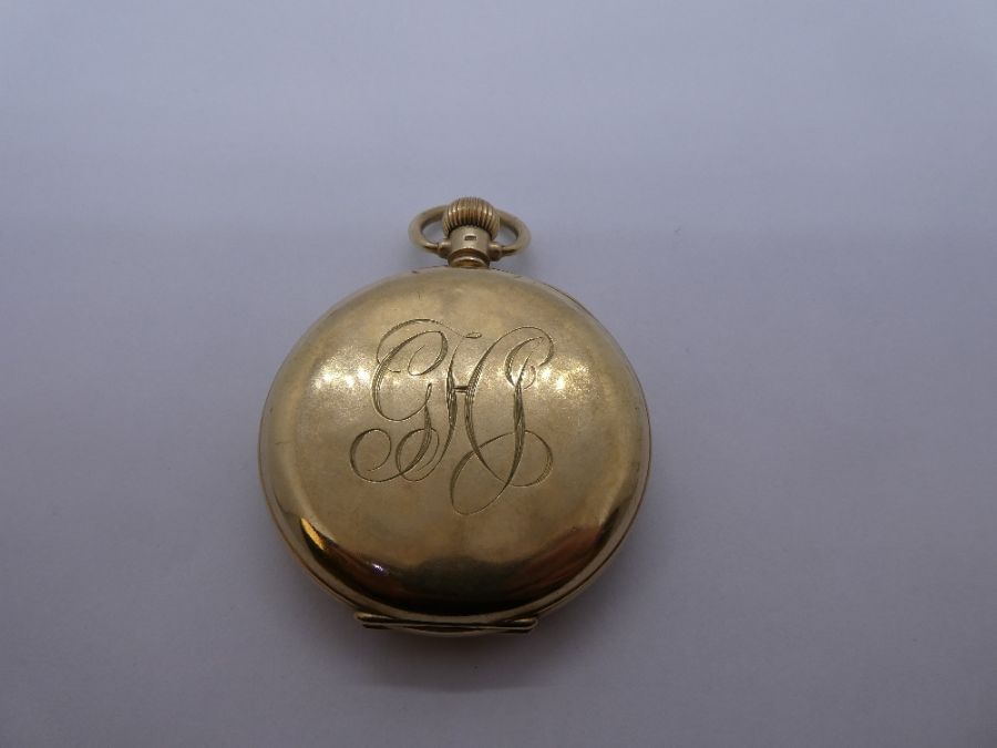 9ct gold cased pocket watch, cased marked 375, with white enamelled dial with numbers, winds and tic - Image 2 of 5