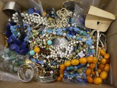 Box costume jewellery including amber coloured beads, silver jewellery, hardstone necklaces, silver