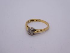 18ct yellow gold solitaire illusion set diamond ring, Cathedral mount, Size M, marked 18, 2.6g appro