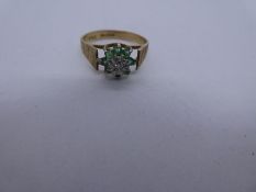 9ct yellow gold emerald and diamond floral design cluster ring, marked 375, 1.7g approx, size L/M. G