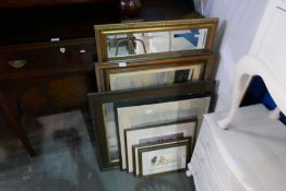 A modern gilt wall mirror and sundry pictures