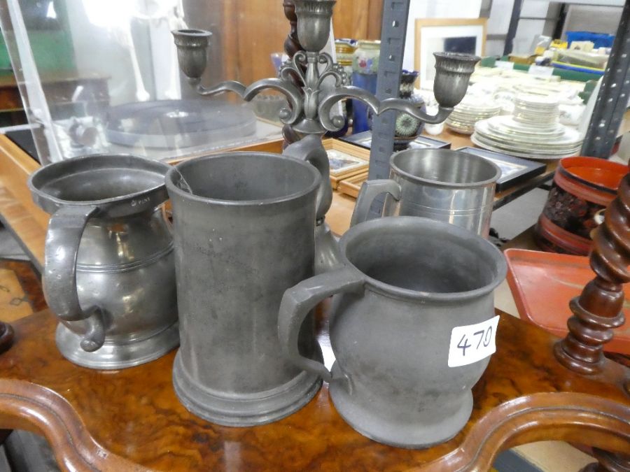 Quantity of antique pewter chargers and tankards and a small brass canon - Image 2 of 5