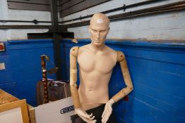 Vintage male mannequin, with articulated wooden arms