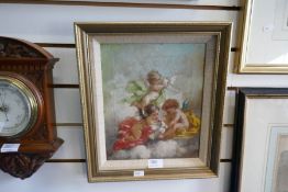An antique oil on canvas of three Putti with doves, 24 x 29.5cms, unsigned
