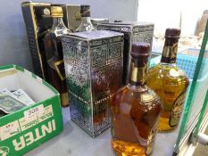 Two one litre bottles of Chivas Regal, a 750ml bottle and two bottles of Johnnie Walker black label,