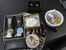 Small quantity of costume jewellery, aeroplane cufflinks, bead necklaces, etc