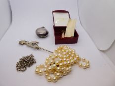 Antique silver soverign case, white metal belcher chain, double row pearls with silver and marcasite