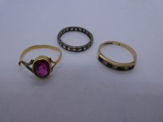Three 9ct yellow gold dress rings set with stones, one AF, 4.3g approx
