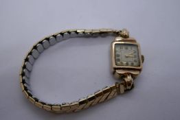 9ct vintage gold cased ladies wristwatch 'Mauex' cased, marked 375, on expanding gold plated strap