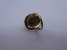 Antique 9ct yellow gold dress ring with large carved coral panel of a lady, Size O, marked 9ct, 10g