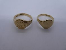 Two gents signet rings, each with oval gold panes, one engraved with initials, both marked 375, 10g