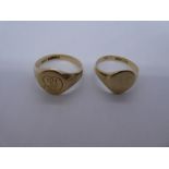 Two gents signet rings, each with oval gold panes, one engraved with initials, both marked 375, 10g