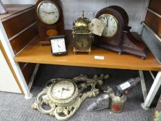 A Smiths brass lantern clock, two mantel clocks, Smiths wall clock and sundry