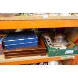 A box of vintage maps including Ordinance Survey vintage and modern, plus a selection of stamps, bad