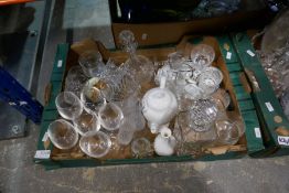 Three boxes of china, glass and sundry to include Thomas Webb decanter and glasses, Studio pottery v