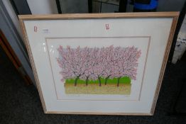 A pencil signed print of flowering of flowering cherry trees & sundry pictures