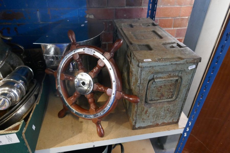 A small ships wheel, an ammunition case and a coal bin - Image 2 of 2