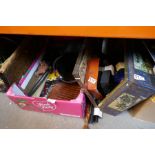 A selection of brassware walking sticks, model cars, tins and boxes