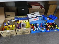 Two small boxes of boxed Corgi, Lledo and Matchbox cars and four small cases of Corgi Juniors, etc