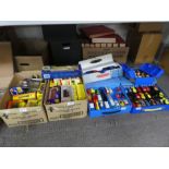 Two small boxes of boxed Corgi, Lledo and Matchbox cars and four small cases of Corgi Juniors, etc