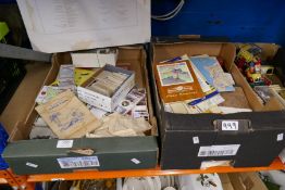 Two boxes of mixed ephemera including postcards, cigarette cards, etc