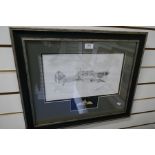Andrew Harris; Two pencil signed drawings of one Spitfire and one Hurricane, one with cloth RAF embl