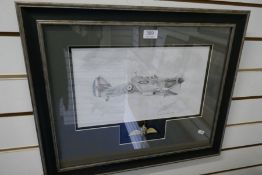 Andrew Harris; Two pencil signed drawings of one Spitfire and one Hurricane, one with cloth RAF embl