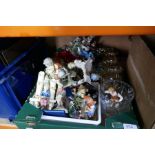 A box of mixed china, Goebels figures, cigarette cards, glass, crowns, etc