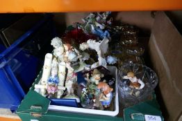 A box of mixed china, Goebels figures, cigarette cards, glass, crowns, etc