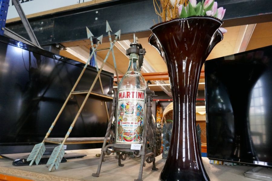 Large Martini bottle in wrought stand, scratch built shelves, large vase