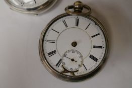 Two silver pocket watches A/F and a miners protective pocket watch case