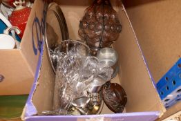 Three boxes of mixed glassware including plain drinking glasses, crystal, etc, vintage glass ceiling