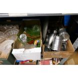 Two boxes of glassware and pewter tankards