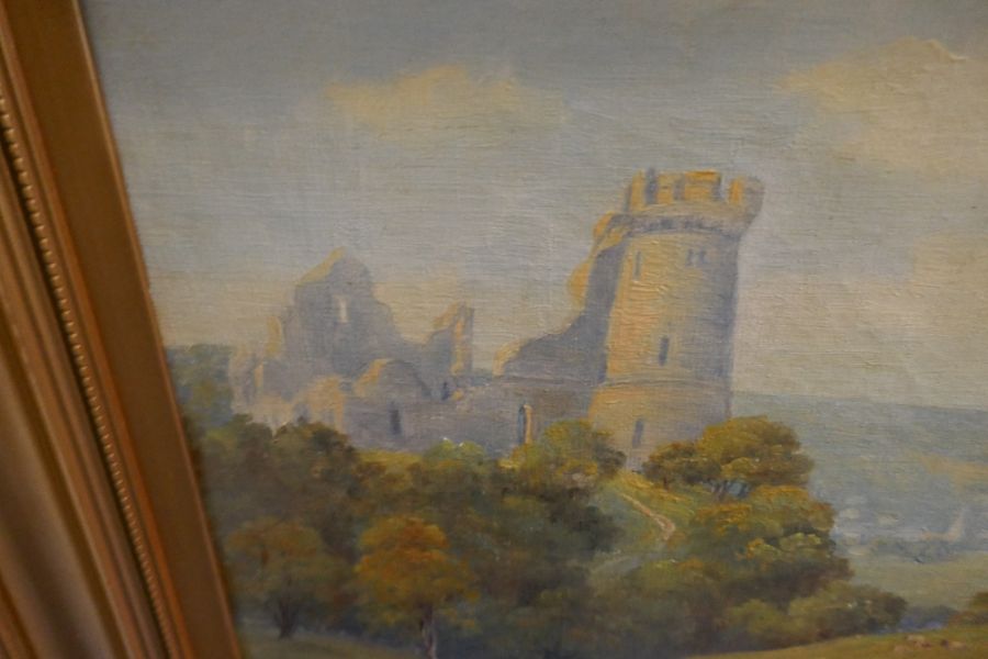 An old oil of castle ruins on hilltop singed W Pinkney 140cm x 31cm - Image 2 of 4