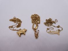 Small collection 9ct yellow gold to include curblink bracelet, two neckchains - one hung with a pig