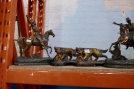 A selection of figures, metal and china of men on horseback and dogs