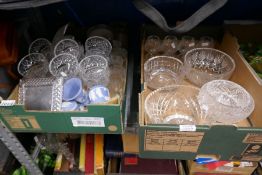 Two boxes of mostly crystal bowls, dishes, including brandy glasses, etc and some Jasperware