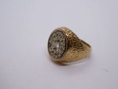 18ct yellow gold gents signet ring the oval top encrusted with diamonds, size S, 9.6g approx, marked