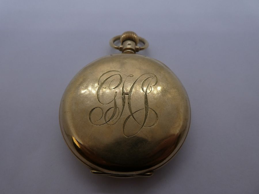 9ct gold cased pocket watch, cased marked 375, with white enamelled dial with numbers, winds and tic