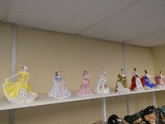 Seven Royal Doulton figurines and two similar Royal Worcester examples (9)