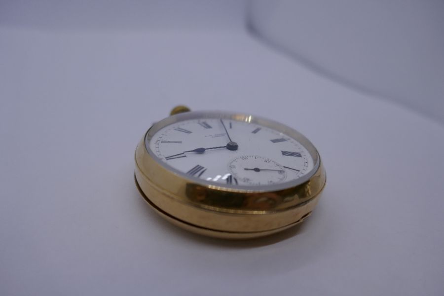 Antique JW Benson 18ct yellow gold pocket watch, with plated dust cover, winds and ticks, outer-case - Image 2 of 8