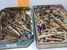 Two trays of lace bobbins and similar